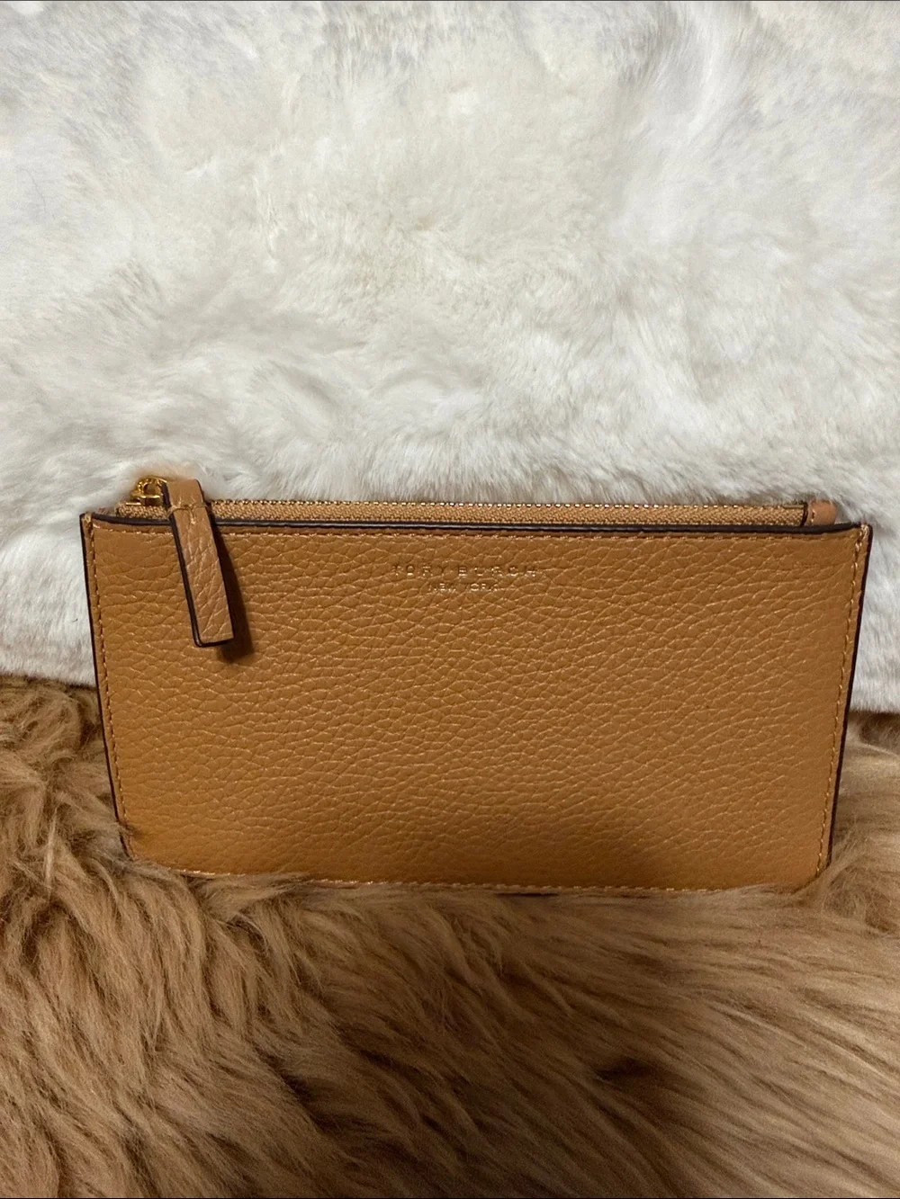 TORY BURCH PEBBLED LEATHER ZIP POUCH TAN NWOT